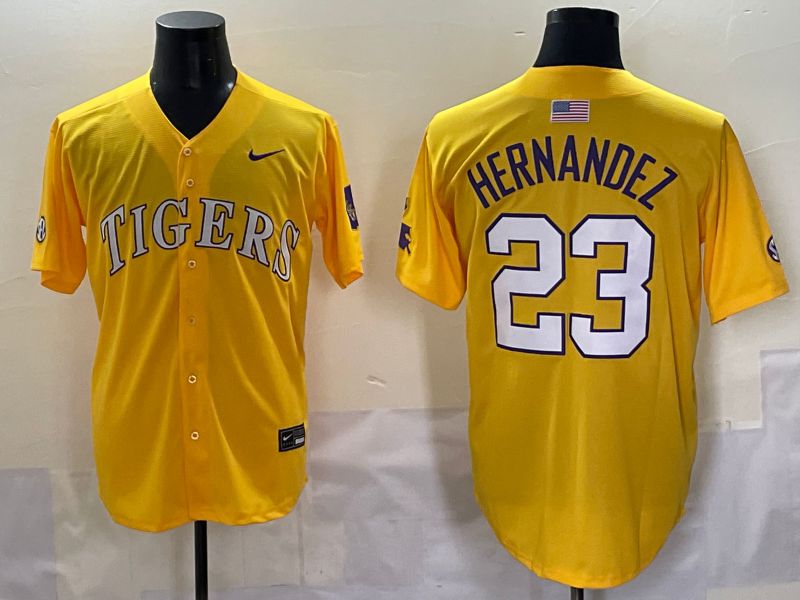 Men 2025 LSU Tigers #23 Hernandez Yellow Nike Joint Name Nike NCAA Jersey style 4